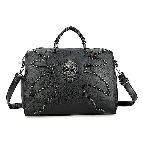 Chikencall Punk Totenkopf Top-Handle für Frauen Damen Handtasche Nieten Schwarz Geldbörse Schulter Travel Skull Print Umhängetasche von Chikencall