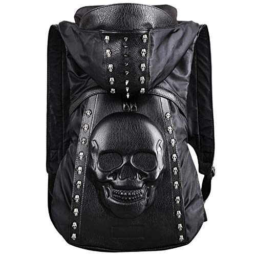 Chikencall Totenkopf-Rucksack mit Kapuze, Gothic-Stil, Nieten, Schultertasche, Geldbörse, schwarz, Punk, Metall, 3D-Stereo, Tagesrucksack, Totenkopf mit Kapuze, one-size von Chikencall