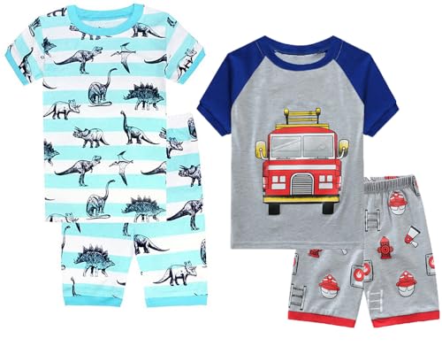 Childapjs Kinder Jungen Schlafanzug Sets Kurz Ärmel Baumwolle Nachtwäsche Größe 86-140(Gestreifter Blauer Dinosaurier/Feuerwehrwagen,110) von Childapjs
