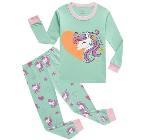 Childapjs Mädchen Schlafanzug Drucken Nachtwäsche Kinder Bekleidung 2-4 Stücke Schlafanzüge Langarm 100% Baumwolle (2-12 Jahre alt)(Einhorn2,146-12T) von Childapjs