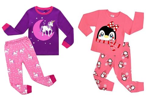 Childapjs Mädchen Schlafanzug Drucken Nachtwäsche Kinder Bekleidung 2-4 Stücke Schlafanzüge Langarm 100% Baumwolle (2-12 Jahre alt)(lila Einhorn/Pinguin,134-10T) von Childapjs