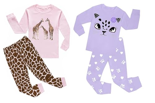Childapjs Mädchen Schlafanzug Drucken Nachtwäsche Kinder Bekleidung 2-4 Stücke Schlafanzüge Langarm 100% Baumwolle (2-12 Jahre alt)(lila Katze/Giraffe,134-10T) von Childapjs
