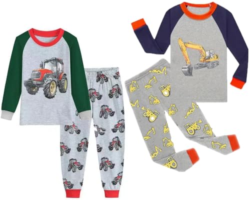 Childapjs Schlafanzug Lang Jungen 4 Stück Nachtwäsche Pjs Baumwolle Kinder Pyjama 92 98 104 110 116 122 128 134 140(Bagger/Traktor,134) von Childapjs