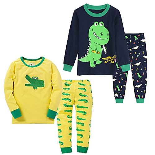 Childapjs Schlafanzug Lang Jungen 4 Stück Nachtwäsche Pjs Baumwolle Kinder Pyjama 92 98 104 110 116 122 128 134 140(Krokodil-Dinosaurier,110) von Childapjs