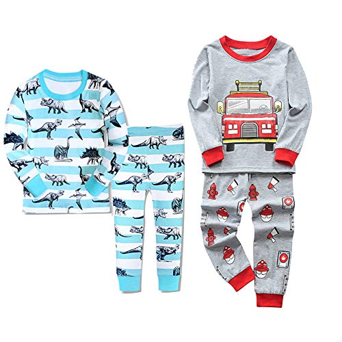 Childapjs Schlafanzug Lang Jungen 4 Stück Nachtwäsche Pjs Baumwolle Kinder Pyjama 92 98 104 110 116 122 128 134 140(Lastwagen-Dinosaurier,110) von Childapjs