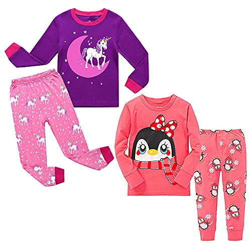 Childapjs Schlafanzug Lang Jungen 4 Stück Nachtwäsche Pjs Baumwolle Kinder Pyjama 92 98 104 110 116 122 128 134 140(Pinguin-Einhorn,7T) von Babylike