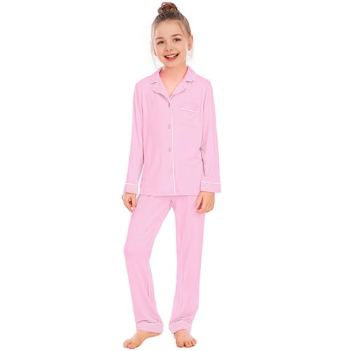 Kinder Mädchen Baumwolle Pyjama Set Langarm Button Down Pyjama Shirt + Lange Hosen Nachtwäsche Outfits(Light Pink,140 cm) von Childapjs