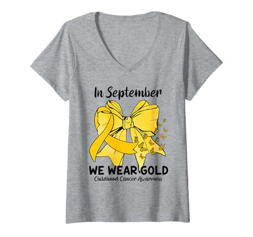 Damen Kokette Schleife und Schmetterlingsband im September tragen wir Gold T-Shirt mit V-Ausschnitt Damen Kokette Schleife und Schmetterlingsband im September tragen wir Gold T-Shirt mit V-Ausschnitt von Childhood Cancer Awareness Gift