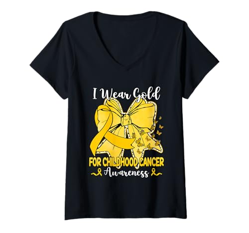 Damen Schleife Schmetterling Band I Wear Gold für Krebs im Kindesalter T-Shirt mit V-Ausschnitt Damen Schleife Schmetterling Band I Wear Gold für Krebs im Kindesalter T-Shirt mit V-Ausschnitt von Childhood Cancer Awareness Gift