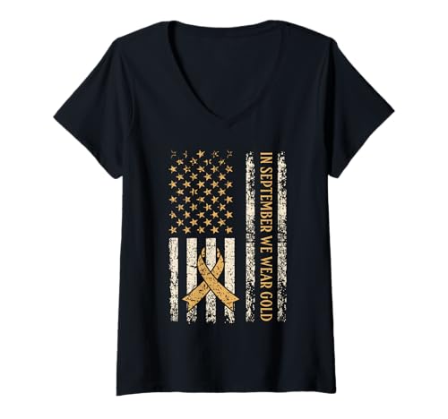 Damen Im September tragen wir goldene Flagge Kindheitskrebs-Bewusstsein T-Shirt mit V-Ausschnitt Damen Im September tragen wir goldene Flagge Kindheitskrebs-Bewusstsein T-Shirt mit V-Ausschnitt von Childhood Cancer Awareness Golden Ribbon gifts