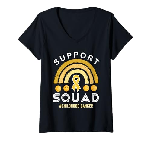 Damen Kindheitskrebs-Bewusstsein Lächeln Gesicht Gold Band Unterstützung T-Shirt mit V-Ausschnitt Damen Kindheitskrebs-Bewusstsein Lächeln Gesicht Gold Band Unterstützung T-Shirt mit V-Ausschnitt von Childhood Cancer Awareness Shirts