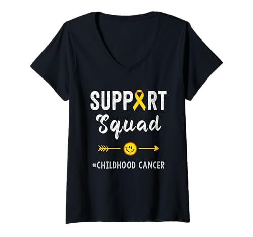 Damen Kindheitskrebs-Bewusstsein Lächeln Gesicht Gold Band Unterstützung T-Shirt mit V-Ausschnitt Damen Kindheitskrebs-Bewusstsein Lächeln Gesicht Gold Band Unterstützung T-Shirt mit V-Ausschnitt von Childhood Cancer Awareness Shirts