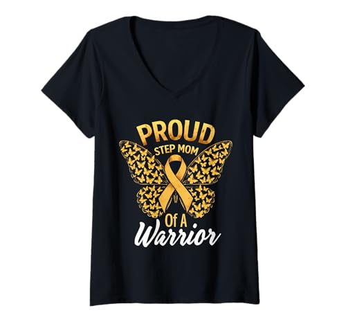 Damen Kindheitskrebs-Bewusstsein Stiefmutter T-Shirt mit V-Ausschnitt von Childhood Cancer Awareness Stepmom Tees & Gifts