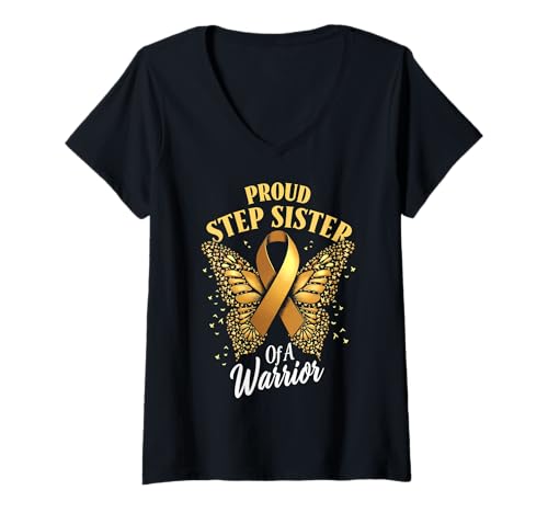 Damen Kindheitskrebs-Bewusstsein Stiefschwester T-Shirt mit V-Ausschnitt von Childhood Cancer Awareness Stepsister Tees & Gifts