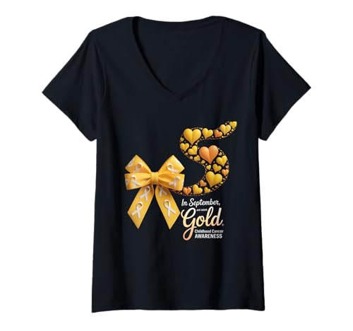 Damen Im September tragen wir Gold Kindheitskrebs-Bewusstsein T-Shirt mit V-Ausschnitt Damen Im September tragen wir Gold Kindheitskrebs-Bewusstsein T-Shirt mit V-Ausschnitt von Childhood Cancer Awareness Support Outfit