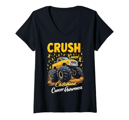 Damen Crush Cancer Kindheit Krebs Bewusstsein T-Shirt mit V-Ausschnitt von Childhood Cancer Awareness Truck Apparel