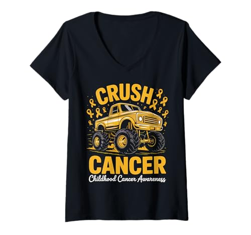 Damen Crush Cancer Kindheit Krebs Bewusstsein T-Shirt mit V-Ausschnitt von Childhood Cancer Awareness Truck Tees Co