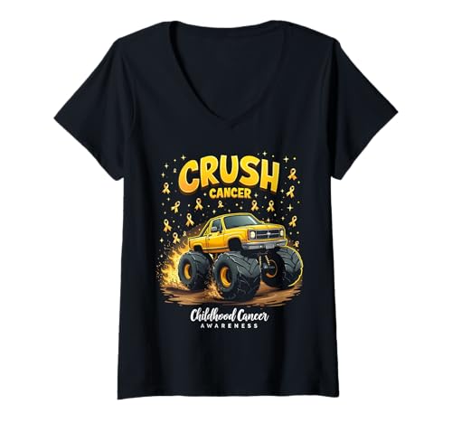 Damen Crush Cancer Kindheit Krebs Bewusstsein T-Shirt mit V-Ausschnitt von Childhood Cancer Awareness Truck Tees Inc