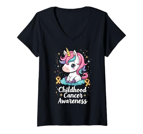 Damen Kindheitskrebs-Bewusstsein Einhorn T-Shirt mit V-Ausschnitt Damen Kindheitskrebs-Bewusstsein Einhorn T-Shirt mit V-Ausschnitt von Childhood Cancer Awareness Unicorn Gifts Co