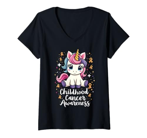 Damen Kindheitskrebs-Bewusstsein Einhorn T-Shirt mit V-Ausschnitt Damen Kindheitskrebs-Bewusstsein Einhorn T-Shirt mit V-Ausschnitt von Childhood Cancer Awareness Unicorn Gifts Tees