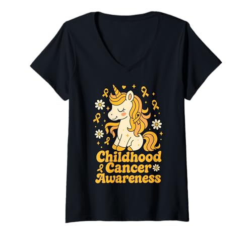 Damen Kindheitskrebs-Bewusstsein Einhorn T-Shirt mit V-Ausschnitt Damen Kindheitskrebs-Bewusstsein Einhorn T-Shirt mit V-Ausschnitt von Childhood Cancer Awareness Unicorn Tees & Gifts Co