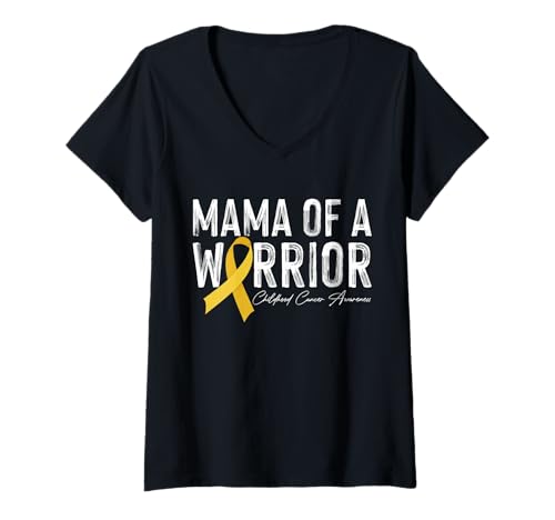 Damen Mama of A Warrior Kleidung zur Aufklärungskampagne gegen Krebs im Kindesalter, goldfarben T-Shirt mit V-Ausschnitt von Childhood Cancer Ribbon Support Survivor Apparel