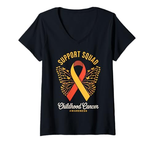 Damen Support Squad zur Unterstützung des Kindheitskrebs-Bewusstseins T-Shirt mit V-Ausschnitt Damen Support Squad zur Unterstützung des Kindheitskrebs-Bewusstseins T-Shirt mit V-Ausschnitt von Childhood Cancer Support Gifts Tees