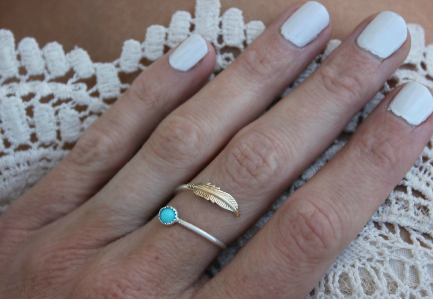 Türkis Ring, Feder Sterling Silber Stapelring, Midi Stapelbare Ring von ChildrenofFlowers