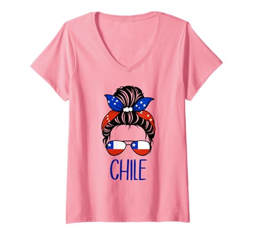 Damen Patriotische Chile Messy Bun chilenische Flagge Mädchen Kinder T-Shirt mit V-Ausschnitt von Chilean Chile Flag Designs