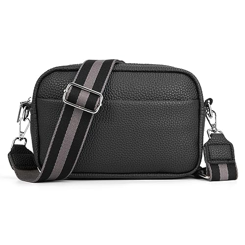 Chililon Damen Umhängetasche, Leder Damen Crossbody bag, Damentaschen mit abnehmbarem Breitem Schultergurt u 3 fächern（Schwarz） von Chililon