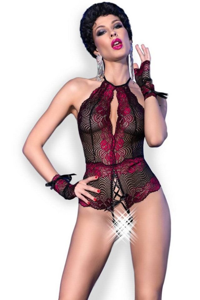 Chilirose Body Ouvert-Body schwarz-rot mit Handstulpen von Chilirose
