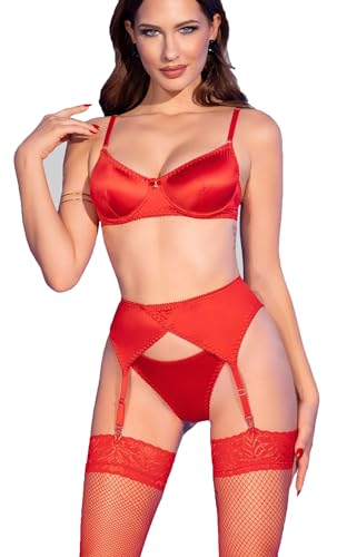 .Chilirose Damen Dessous Satin Set rot aus BH mit Strapsgürtel, String und Netzstrümpfen Spitze Satin und Mesh Material Größe: S von .Chilirose