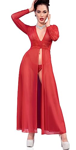 Damen Dessous langes Kleid Gown Body in rot mit einem Schlitz vorn, Frontausschnitt und Spitze teiltransparent Lange Ärmel Größe: M von Chilirose