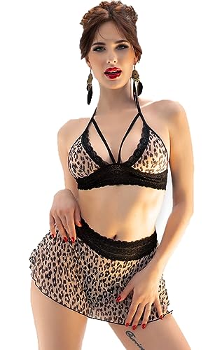 Chilirose Damen Leopard Dessous Leo Set in beige mit Neckholder BH, Rock, String und teiltransparent elastisch Größe: L von Chilirose