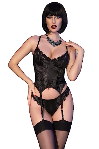 Chilirose Dessous Corsagen-Set mit Spitze in schwarz Schlangenprint aus Strapscorsage, Strumpfhaltern, Slip und Strümpfe Größe: L von Chilirose