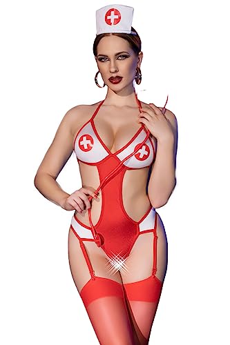 .Chilirose Dessous Krankenschwester Set in rot weiß Nurse Kostüm erotisch aus ouvert Body mit Strumpfhaltern und Strümpfen, Stethoskop und Haube Größe: S/M von .Chilirose
