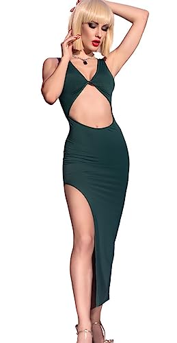 .Chilirose Elegantes Beinschlitz langes Kleid Bauchfrei Frauen Dessous Kleid in grün mit Neckholder aus Stretch und Satin-Material Größe: S/M von Chilirose