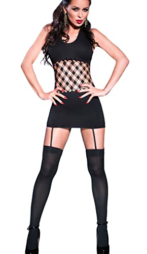 .Chilirose Frauen Dessous Strapskleid Rückenfreies Neckholder Kleid ohne Ärmel in schwarz grobmaschiger Ausschnitt mit Rauten und Löcher Damen Einteiler Netz-Body Größe: S-M von Chilirose