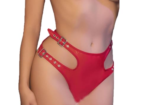 .Chilirose Frauen Dessous Wetlook Reizwäsche Panty als Unterteil in rot Stretch Riemchen rot Metallring Bänder Größe: L/XL von Chilirose