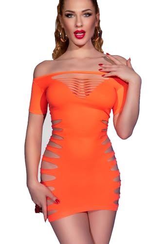 .Chilirose Kurzärmliges Nahtloses Minikleid in Neon orange Kurze Ärmel mit Schlitzen elastisch Dessous Kleid kurz Partykleid S/M von .Chilirose