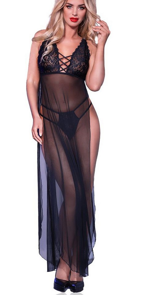 Chilirose Negligé Damen Dessous langes Kleid Gown Body in schwarz mit Schlitz vorn, Fron von Chilirose