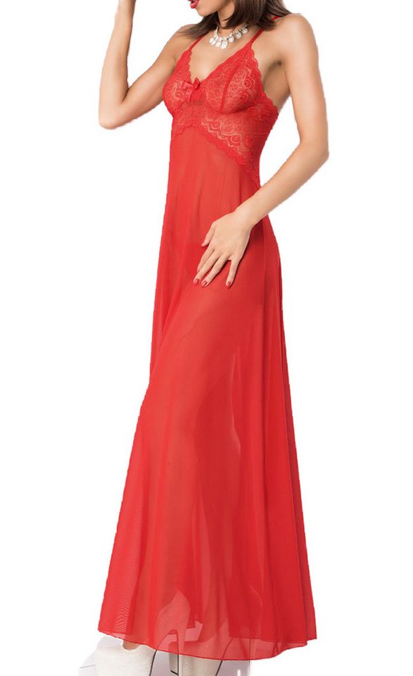 Chilirose Negligé Langes Babydoll mit Spitze in rot transparent mit Rückenschlitz inkl S von Chilirose