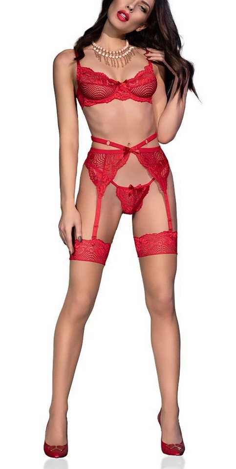 Chilirose Set: Dekolleté-BH Damen Dessous Straps Set in rot mit BH, Strümpfen, String und Strapsgü von Chilirose