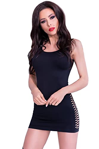 Frauen Dessous kurzes schwarzes Rückenfreies Träger Kleid ohne Ärmel in schwarz mit Netz-Streifen Ausschnitt mit Seitenausschnitt Damen Einteiler Größe: S-M von Chilirose