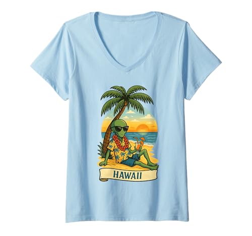 Damen Hawaii Beach Lustiger Alien-Sommerurlaub Tropisch T-Shirt mit V-Ausschnitt Damen Hawaii Beach Lustiger Alien-Sommerurlaub Tropisch T-Shirt mit V-Ausschnitt von Chill Alien Travel Vacation Hawaii Retro Space