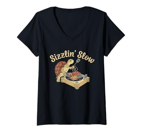 Damen Sizzlin' Slow Turtle Master von DJ Grill T-Shirt mit V-Ausschnitt von Chill BBQ Groove Funny Critter Gear