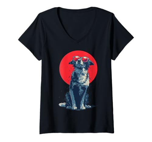 Damen Cooler Vintage-Hund in Schatten T-Shirt mit V-Ausschnitt von Chill Canine Retro Art Collective