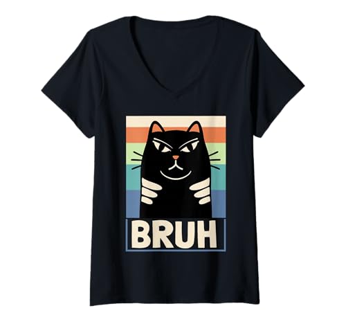 Damen Lustige Retro Katze Bruh Meme, sarkastischer Humor T-Shirt mit V-Ausschnitt Damen Lustige Retro Katze Bruh Meme, sarkastischer Humor T-Shirt mit V-Ausschnitt von Chill Cat Creations