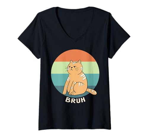Damen Retro Cat Bruh Meme, sarkastischer Humor T-Shirt mit V-Ausschnitt von Chill Cat Creations