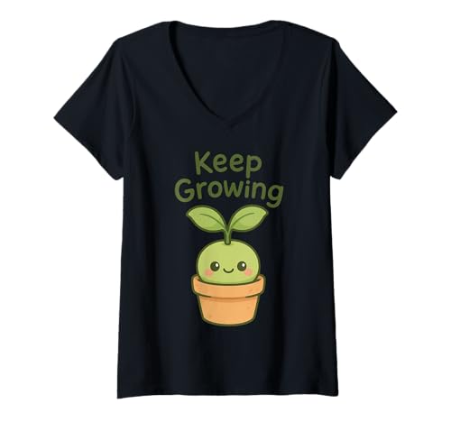 Damen Weiter wachsende Kawaii-Pflanzen-Illustration T-Shirt mit V-Ausschnitt von Chill Critter Animal Puns & Wholesome Vibes